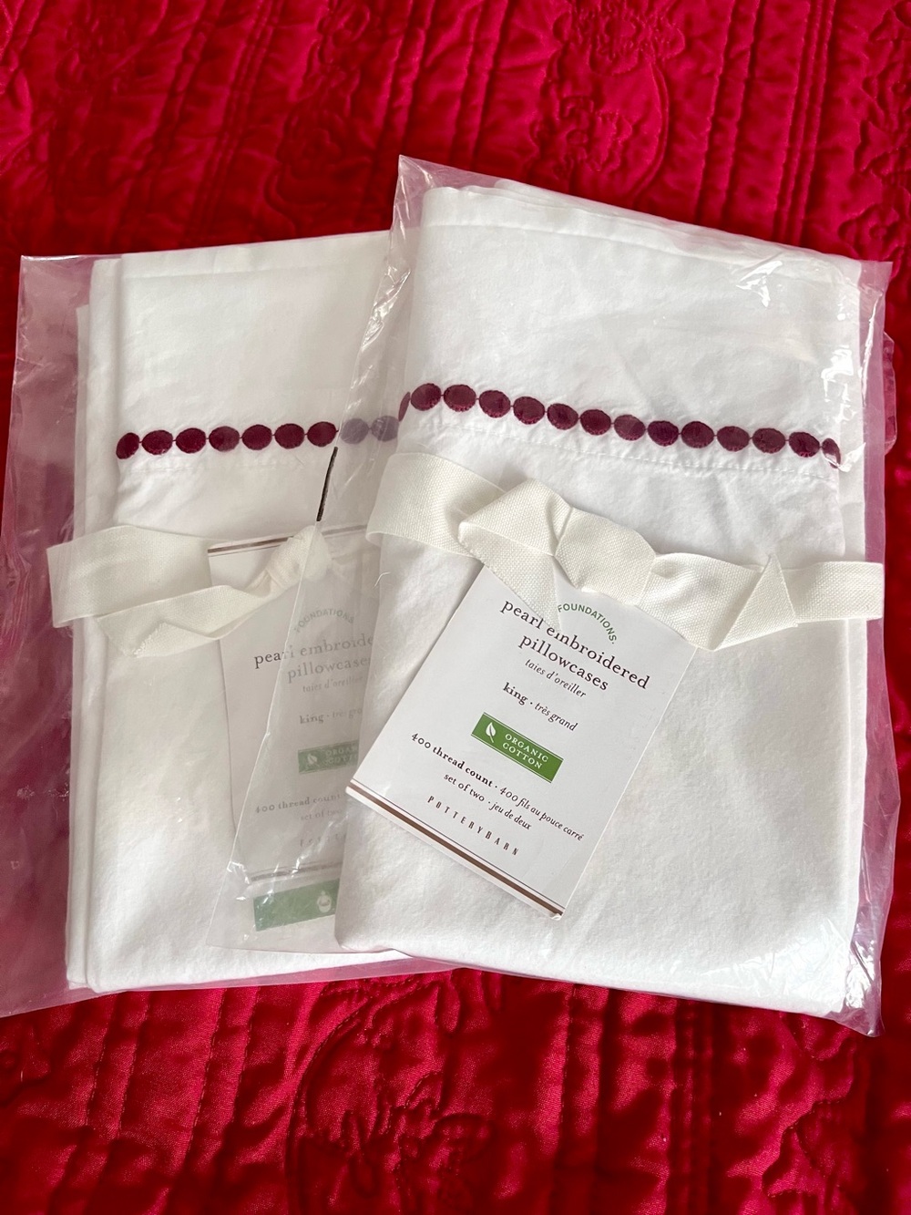 Pottery Barn Red Pearl Embroidered King Pillowcases Set of 2 100% Organic Cotton